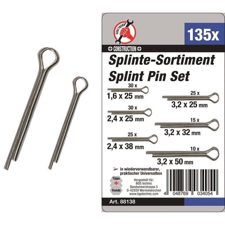 Splinte-Sortiment, Ø 1,6 – 3,2 mm, 135-tlg.
